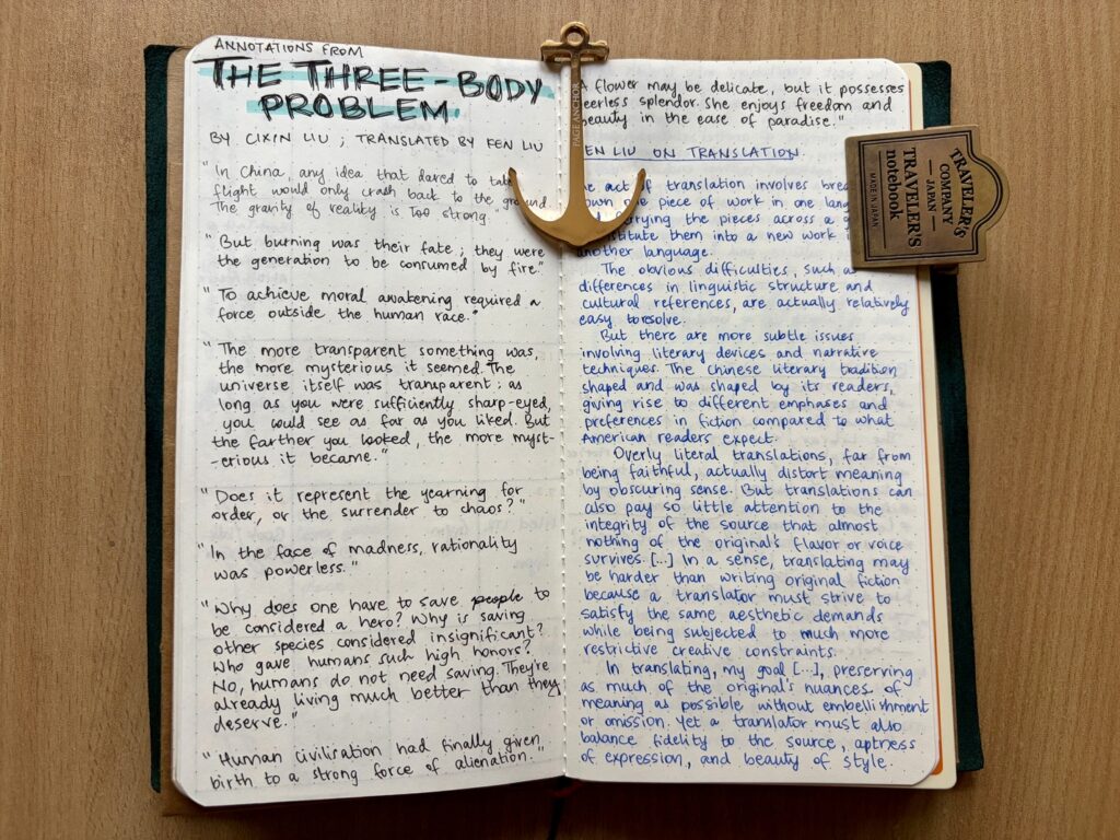three body problem annotation notes in my notebook