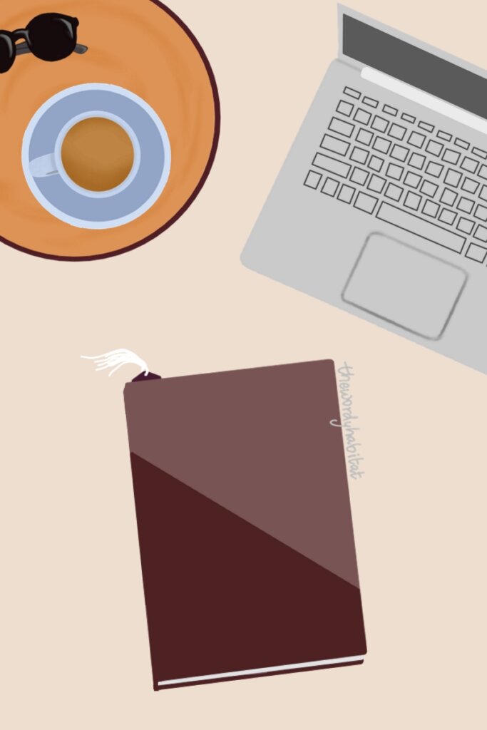 illusttration art of a closed book with a bookmark, an open laptop, a cup of tea and sunglasses nearby.