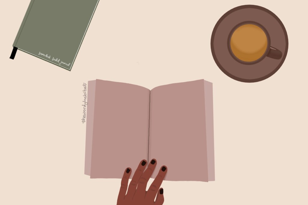 person holding an open book, cup of chai, and a closed notebook nearby. illustration art.