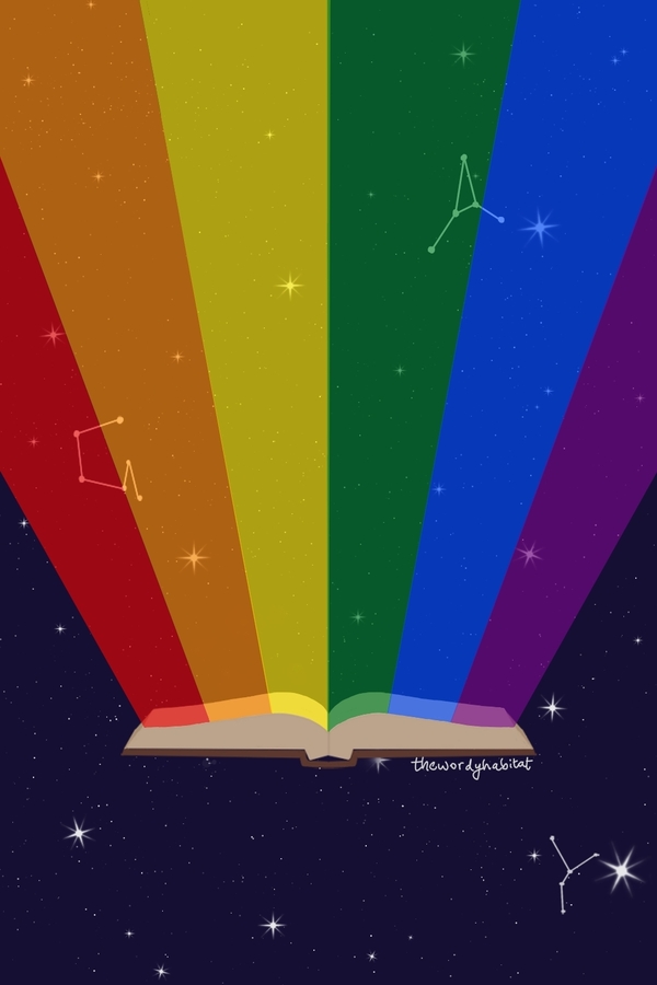 illustration art of pride colours shining out of an open book with a night sky background