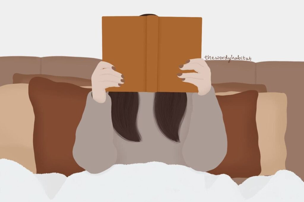 illustration art of a person holding up a book and reading in bed