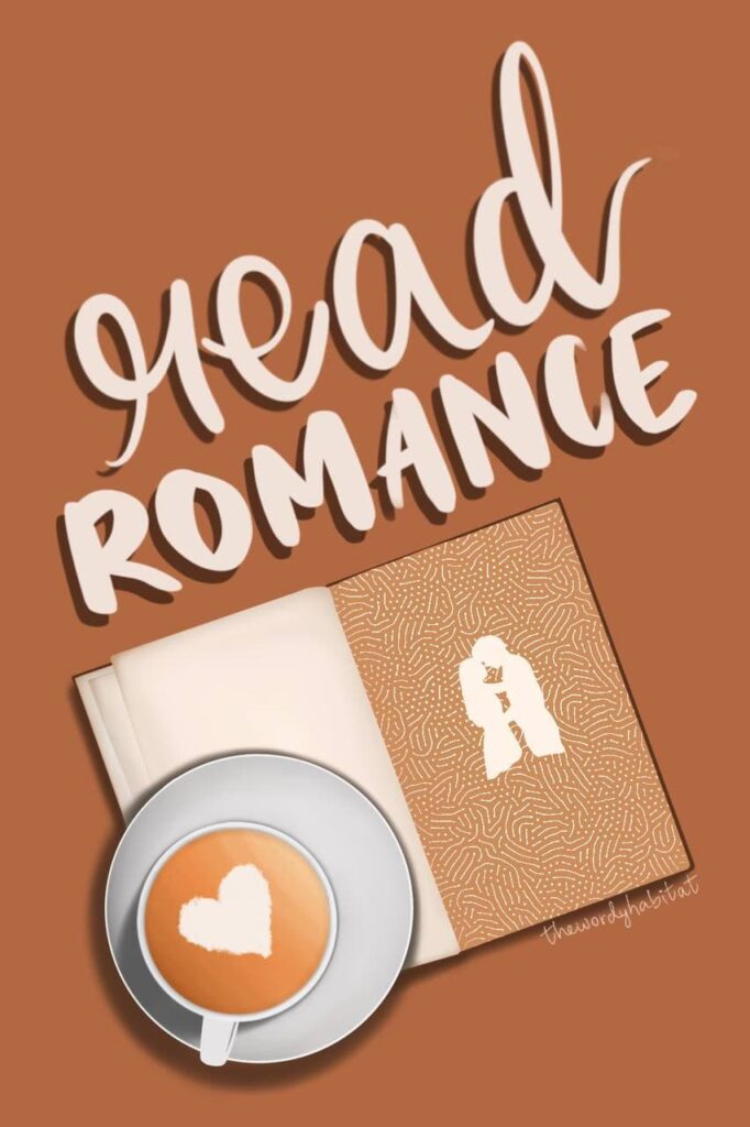 illustration with an open book and a latte with a foam heart on it. the illustration has the words "read romance" on it