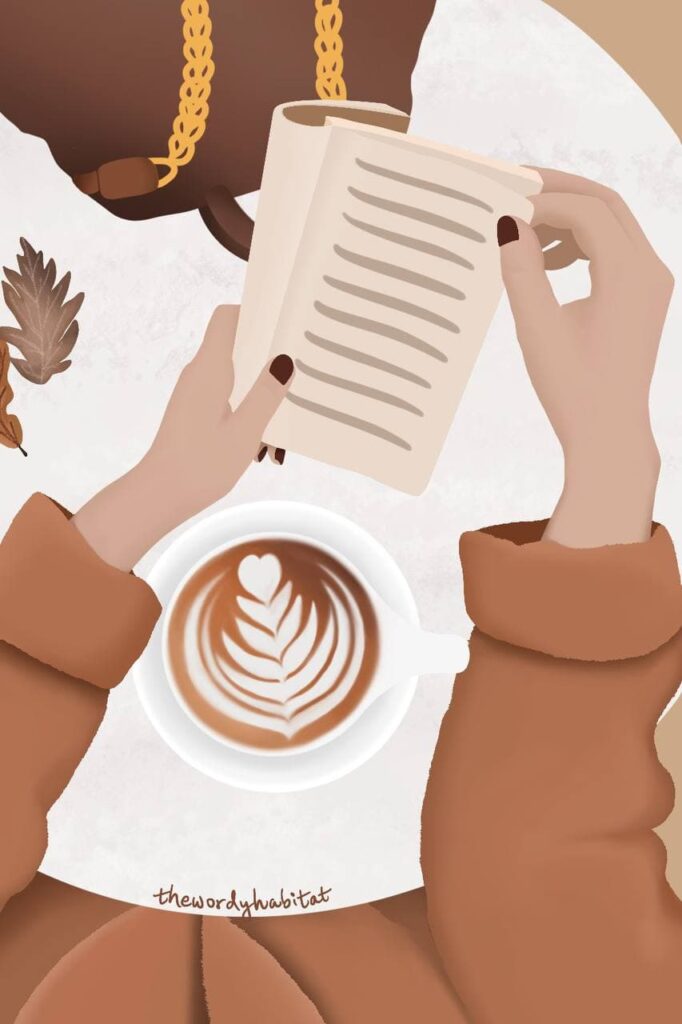 illustration of a person reading a book with a latte and handbag on the table