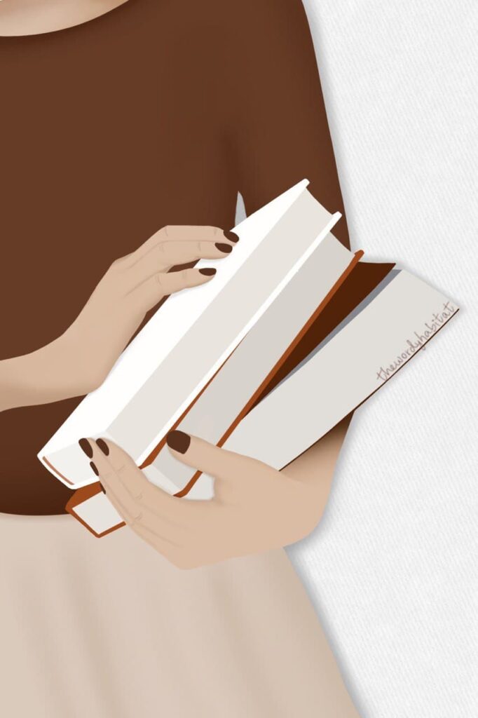 an illustration of a person wearing brown sweater and light beige skirt, holding three books in their arms