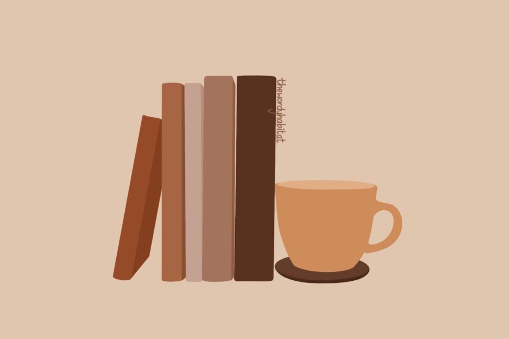 illustration of 5 books kept standing next to each other and a cup on the right