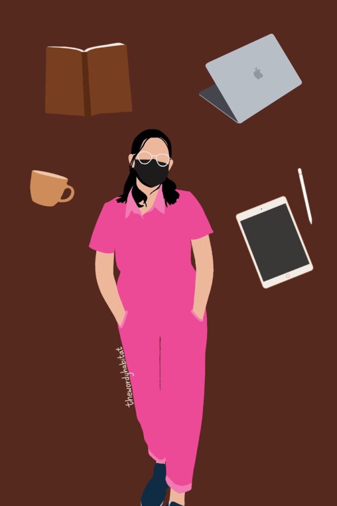 an illustration of myself with items of my hobbies around me - a laptop, ipad and apple pencil, an open book, and a mug of tea.