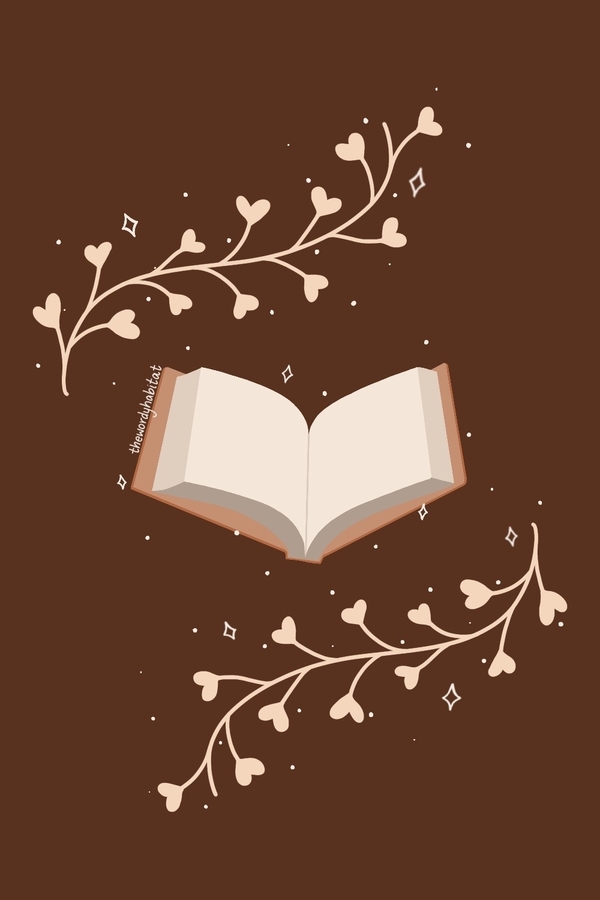 illustration of an open book flying in air, vines with heart shaped leaves around it, and sparkles all over