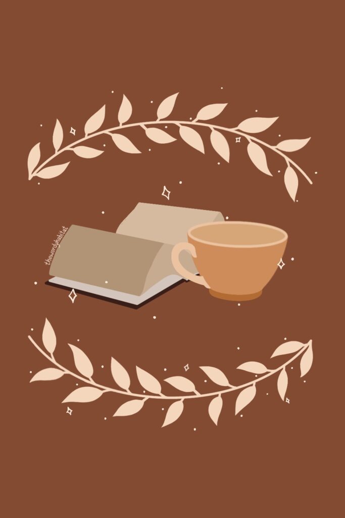 illustration of an open book and a cup next to it, surrounded by two half wreaths of leaves and some sparkles on everything