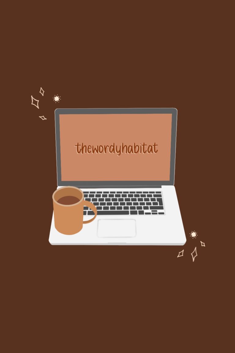illustration art of an open laptop with "thewordyhabitat" written on the screen and a mug of tea kept next to the track pad on the laptop