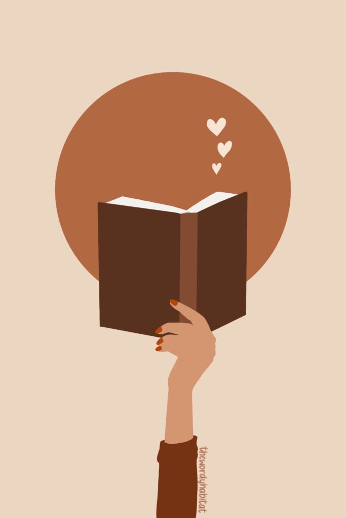 illustration of a person holding up a book from which three small hearts are flying out.