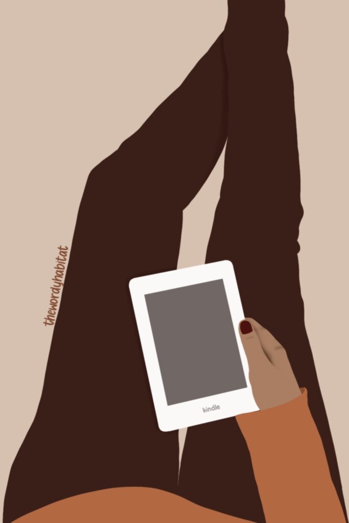 illustration art of a person sitting down with legs outstretched, holding a kindle with one hand
