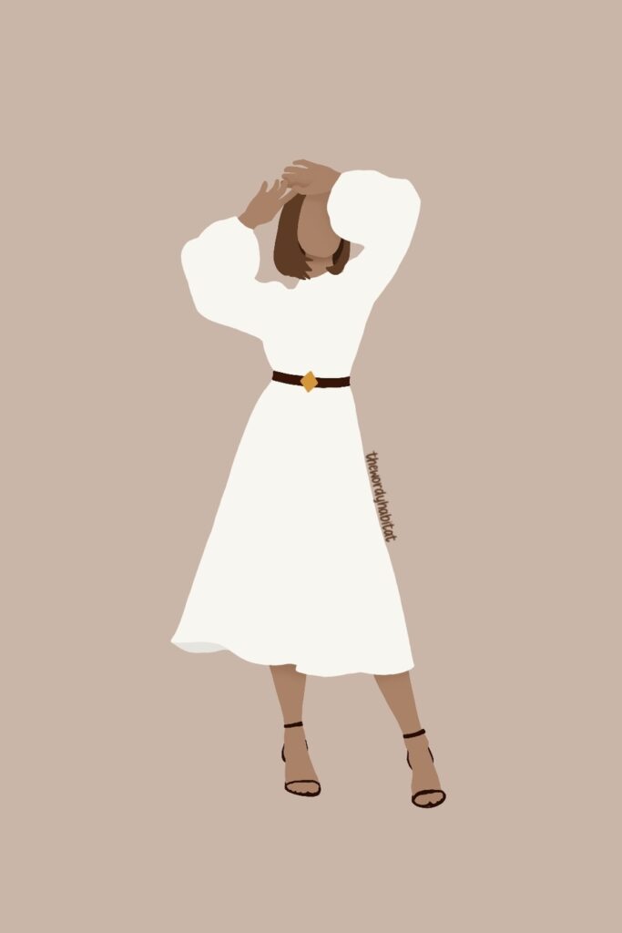 illustration of a woman in a white dress posing with her hands casually placed above her forehead