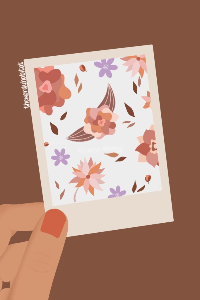 illustration of a person holding a polaroid which is a picture of scattered foliage