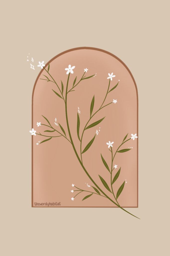 illustration of a stem of flowers and leaves in front of a solid structure in the shape of a window