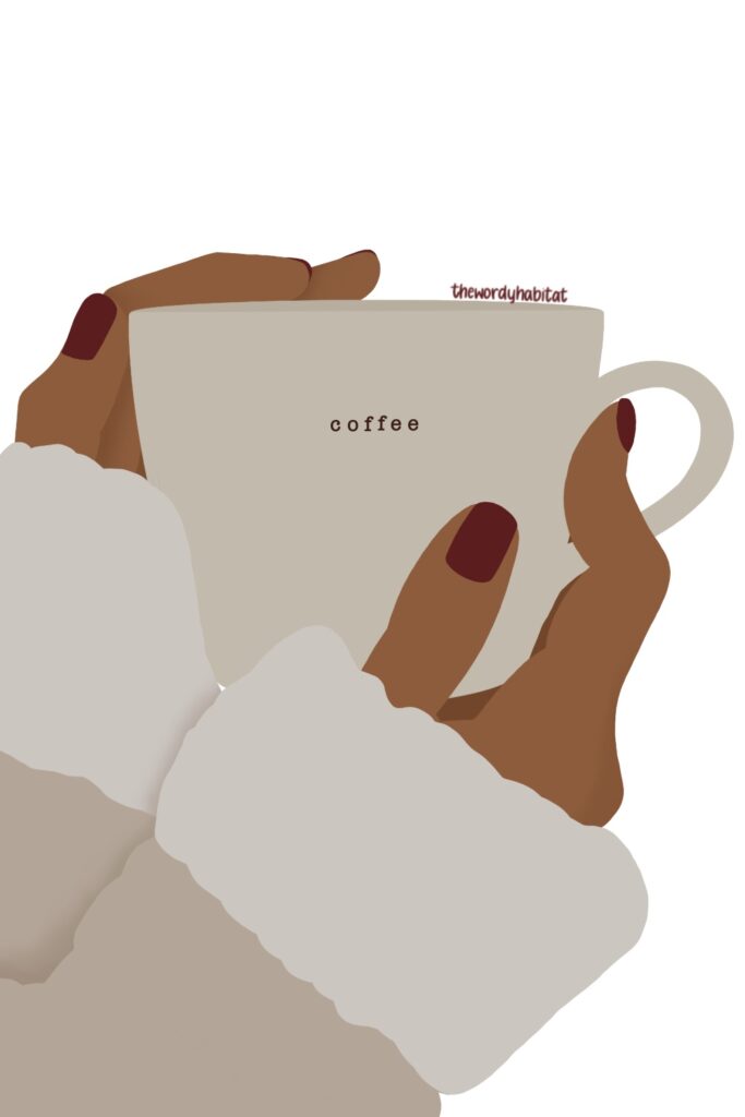 illustration of a person in warm clothes holding a cup that says "coffee"