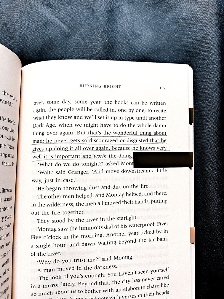 fahrenheit 451 page 197: "that's the wonderful thing about man; he never gets so discouraged or disgusted that he gives up doing it all over again, because he knows very well it is important and worth the doing."