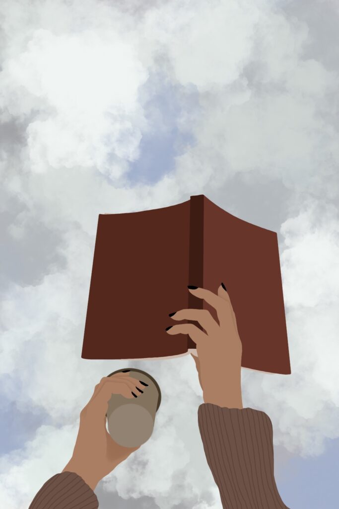 illustration art of a person holding up an open book and a coffee cup under the sky.