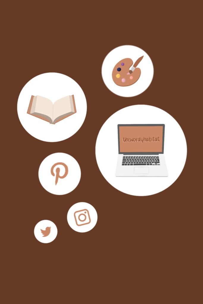 illustration of 6 bubbles each with one item inside them - open laptop saying thewordyhabitat on the screen, an open book, an art palette and brush, pinterest logo, instagram logo, twitter logo