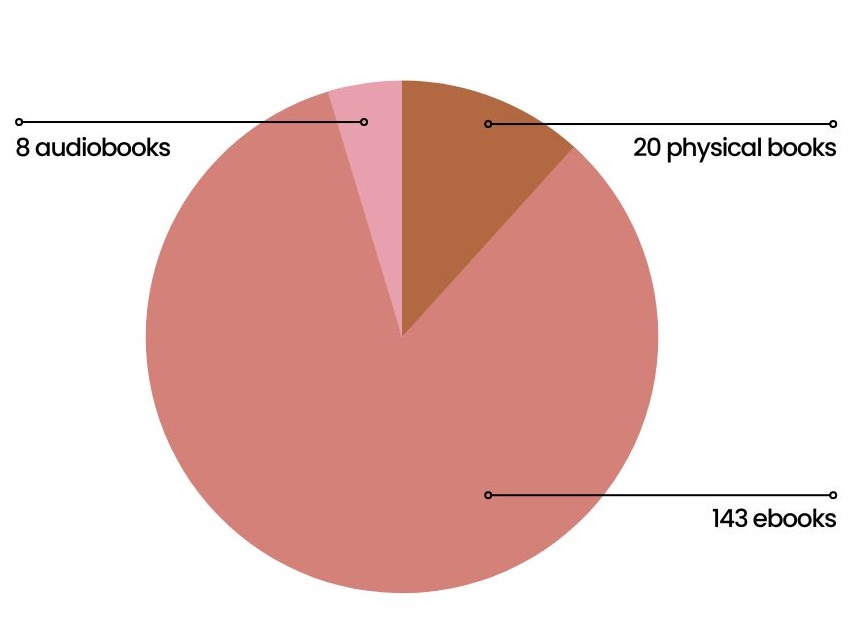 pie chart showing the breakdown of books and reading formats. 
143 ebooks, 20 physical books, and 8 audiobooks.