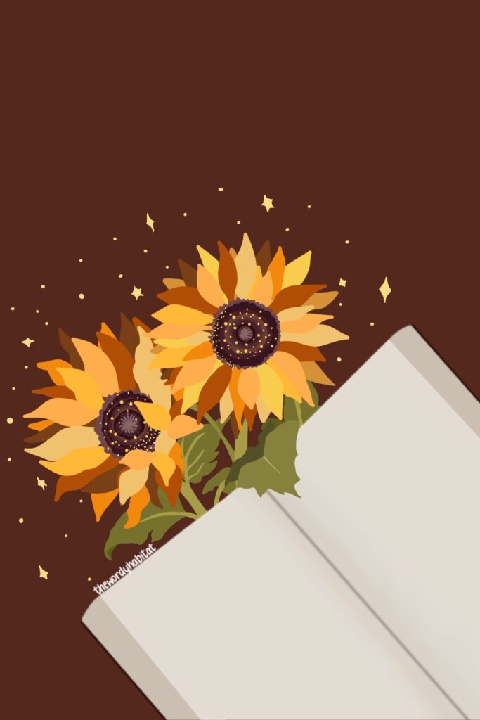 illustration of an open book placed on the stems of two sunflowers so that they are peeking out behind the book