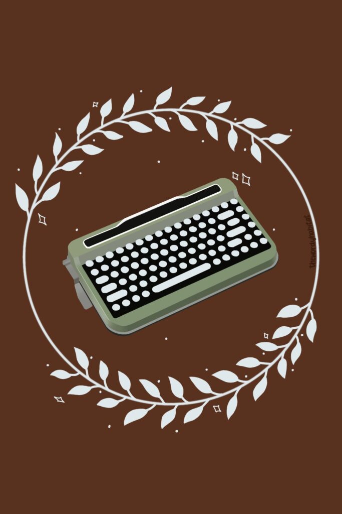 illustration of a green typewriter surrounded by a partial wreath with dots and stars making the illustration look magical