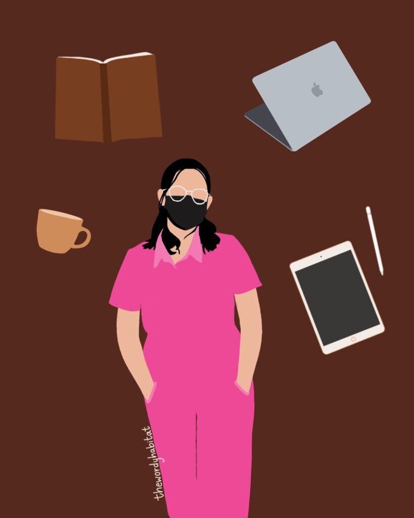 illustration of sumedha with a tea cup, open book, laptop, and ipad objects floating around her