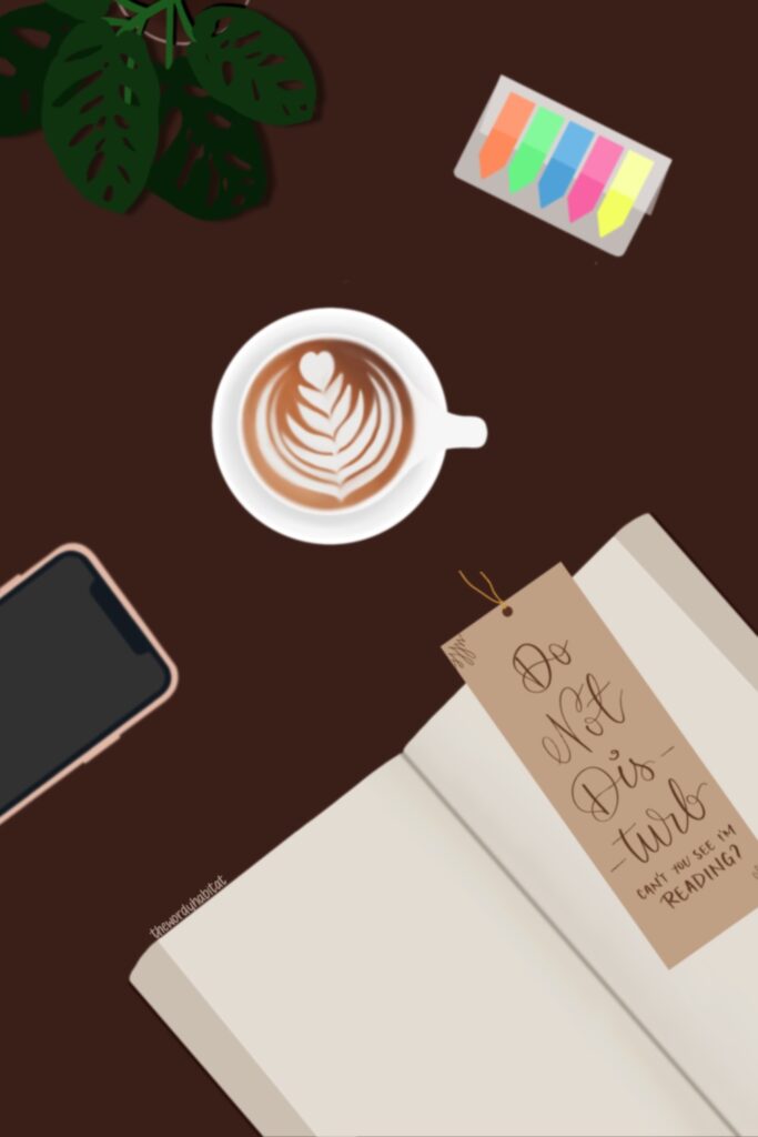 illustration of an open book with bookmark and a latte