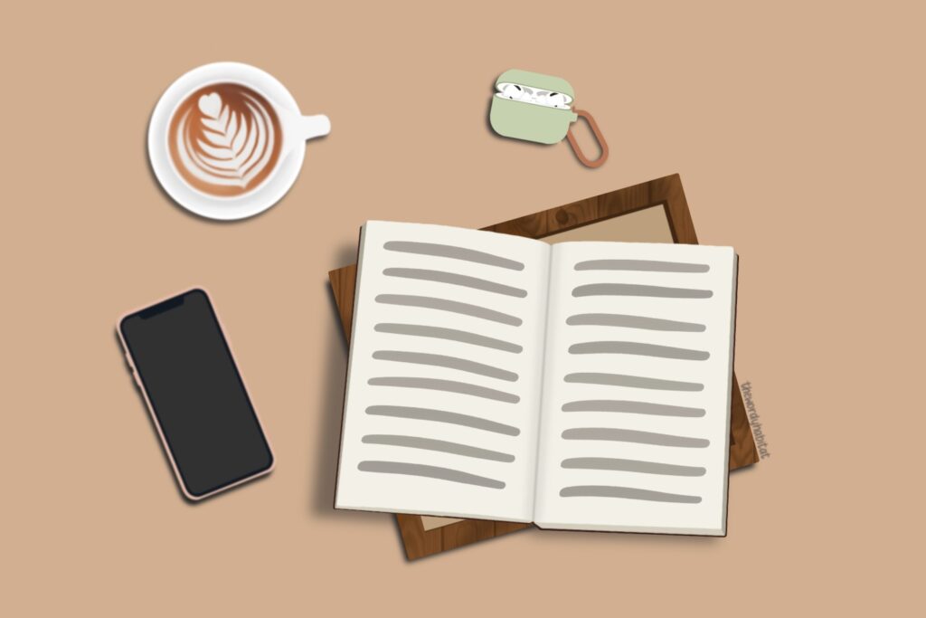 illustration of an open book on a wooden tray with a coffee, phone, and airpods near it.