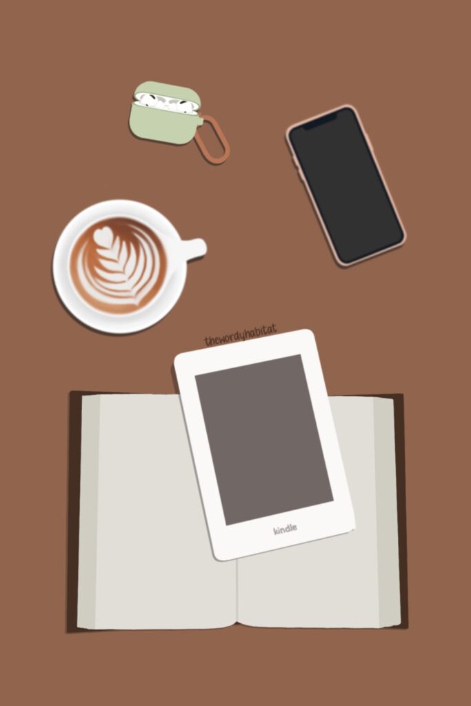 illustration of an open book with a kindle on top of it. a cup of coffee, phone, and earbuds are nearby.