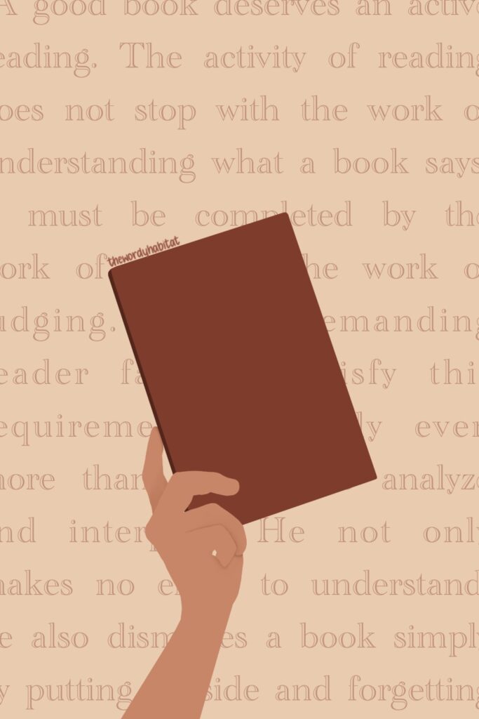 illustration of a person holding up a book with the background showing a quote