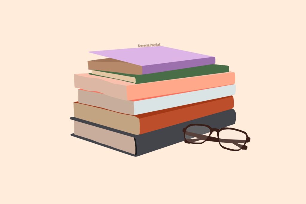illustration of book stack and glasses