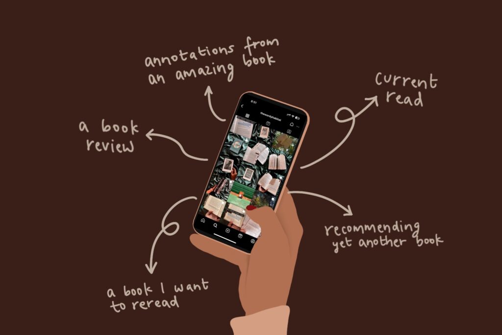 illustration of a person browsing instagram profile of @thewordyhabitat // how social media affects reading