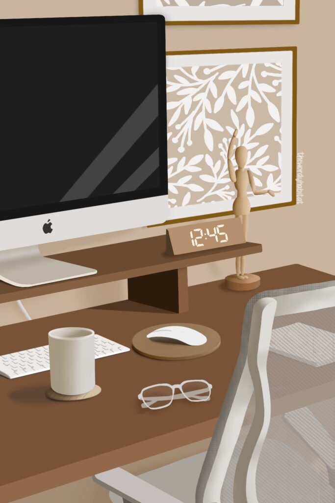 illustration of a workspace at home showing a desk with a monitor, keyboard, mouse on a mousepad, and a glass and spectacles. the wall behind the monitor has two paintings.