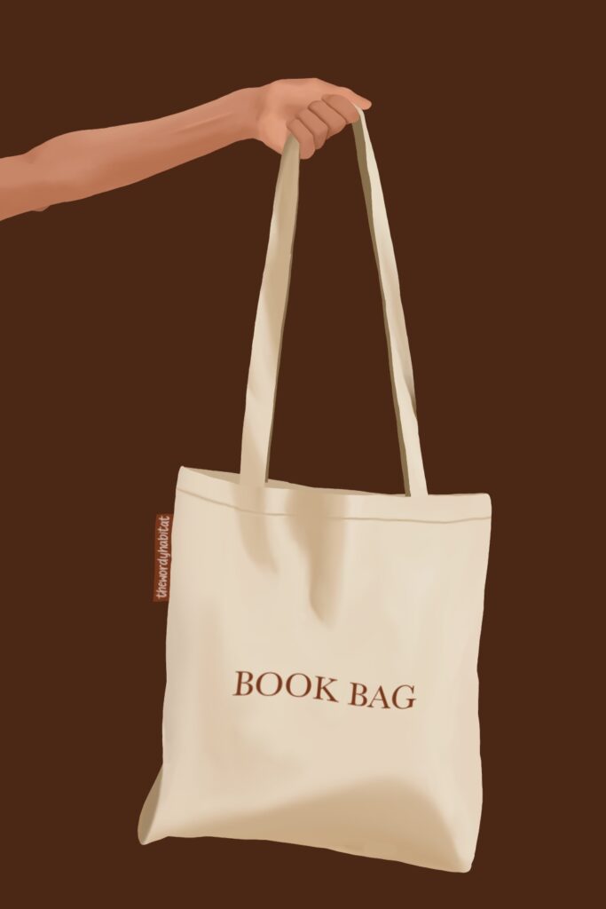 illustration of a person holding a tote bag printed with the words "book bag"