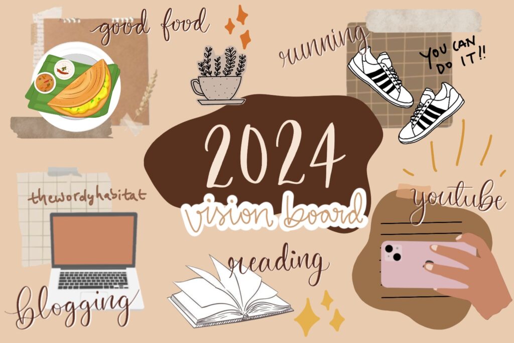 illustration of my 2024 vision board with blogging, running, reading, good food, and youtube