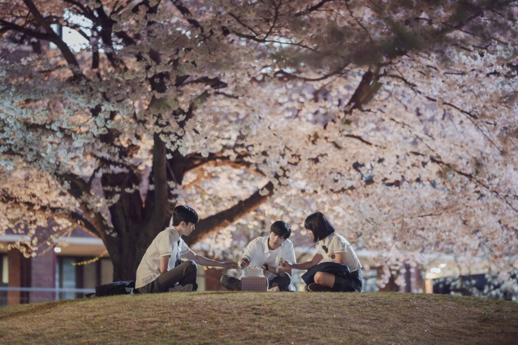 scene from a time called you where the characters are celebrating a birthday under trees with blooming flowers