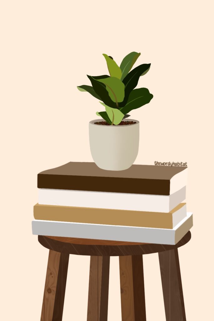 illustration of a book stack and a potted plant on a wooden stool