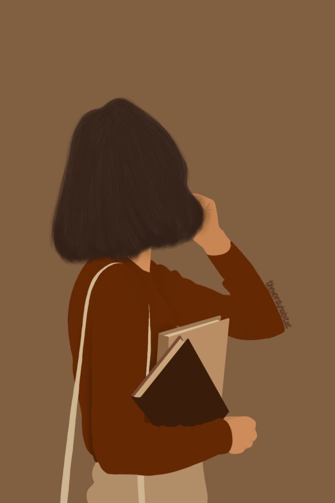 illustration of a person with short hair holding two books and looking away