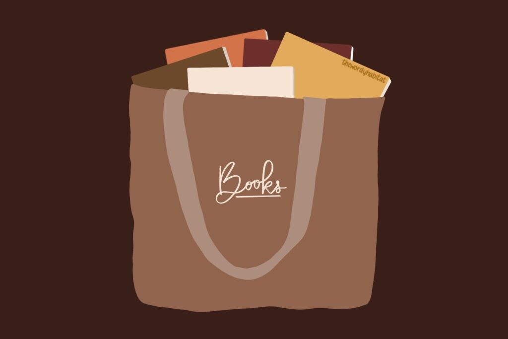 illustration of a tote bag containing books