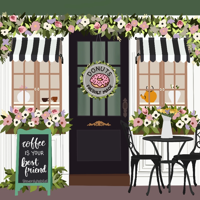 illustration of a cafe storefront decorated with foliage and a chalkboard on the front saying "coffee is your best friend"