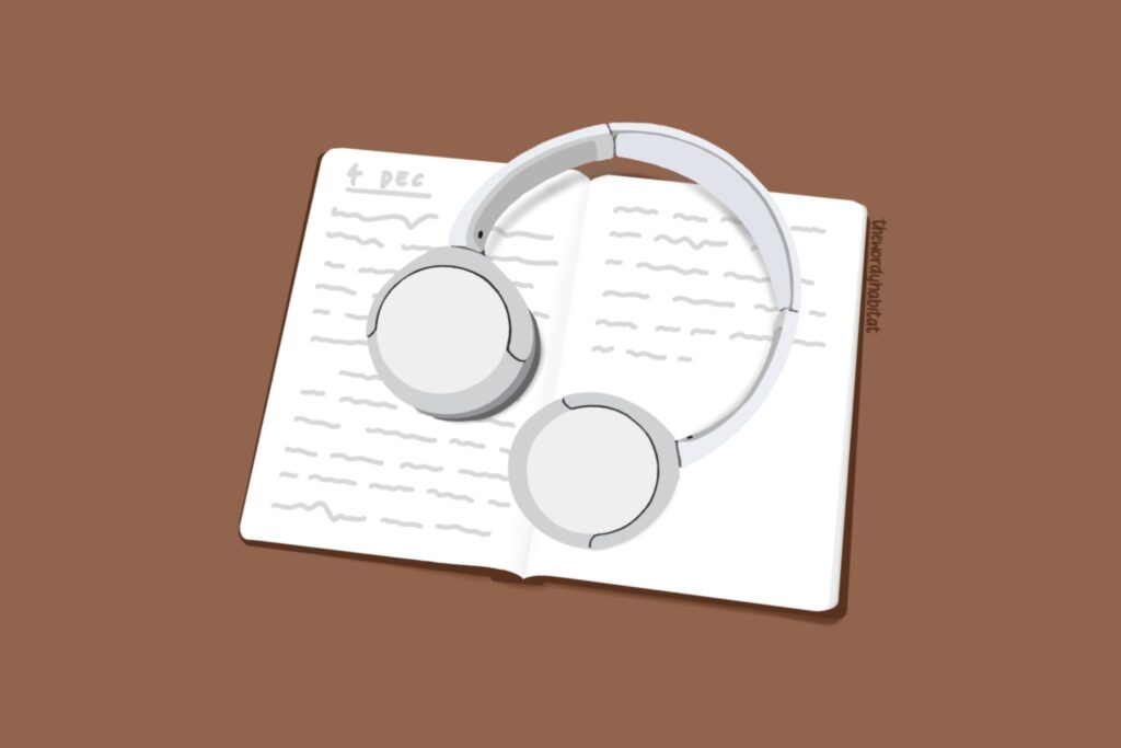 illustration of an open notebook and a pair of headphones over it