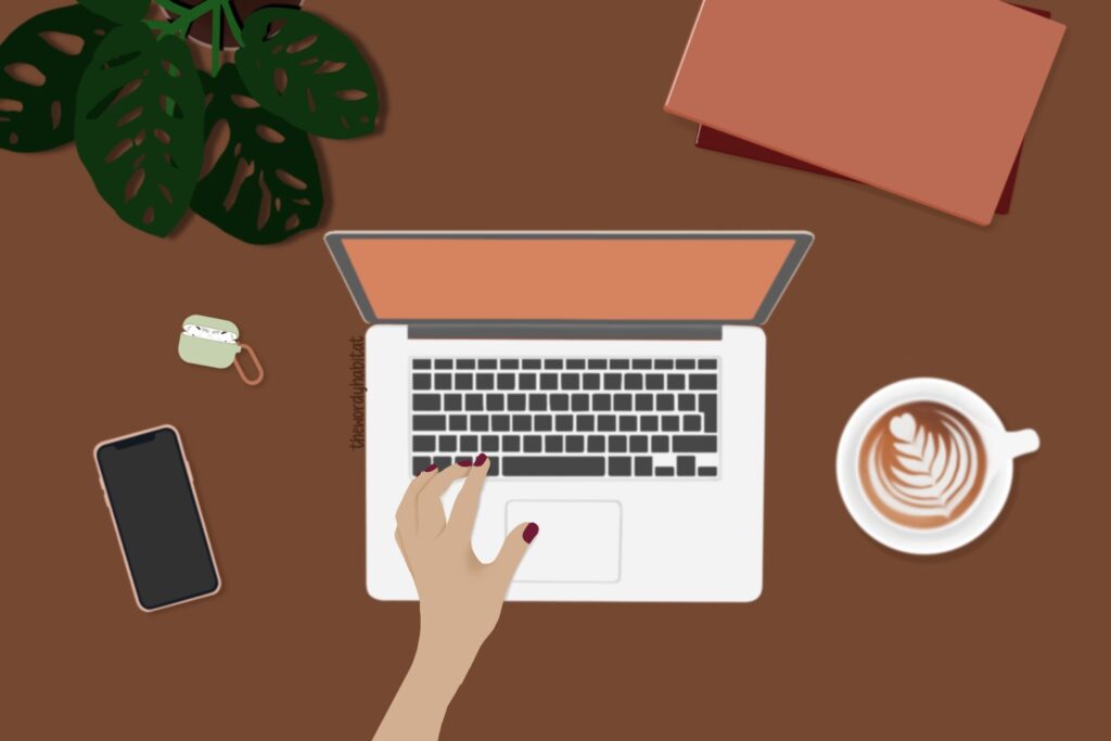 illustration of a person working on a laptop with coffee, books, plant, and airpods scattered around the laptop