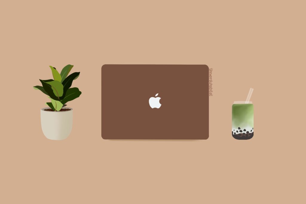 illustration of an open laptop, japanese boba tea, and a small plant