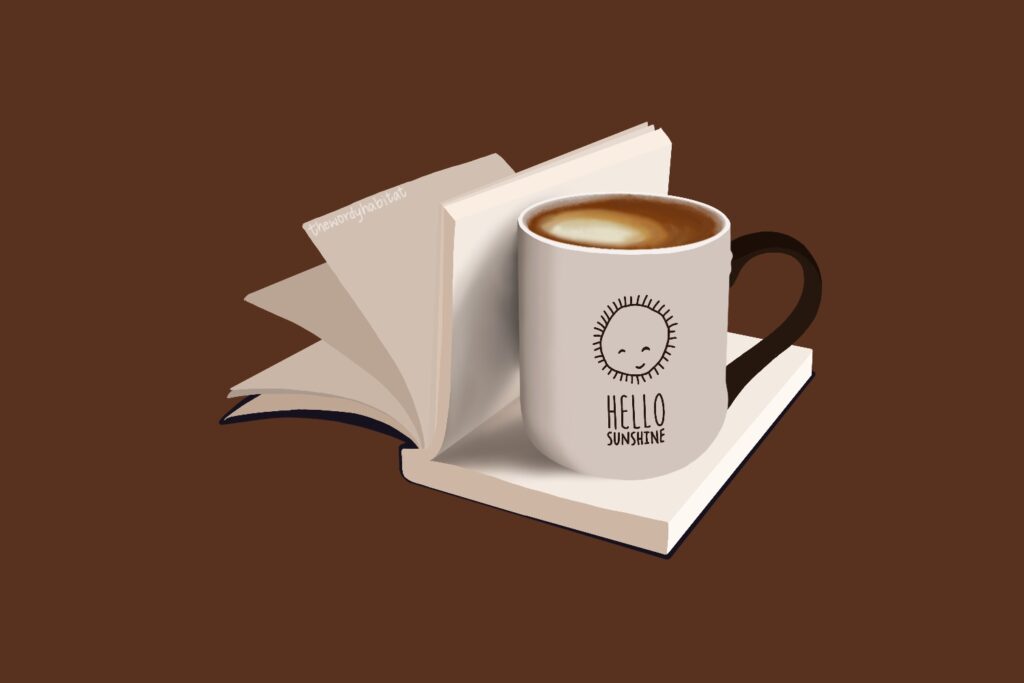 illustration of a coffee mug placed on top of an open book