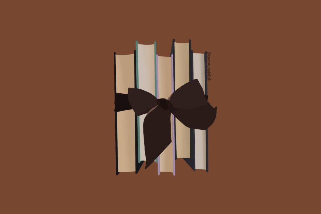 illustration of 5 books tied together with a big brown bow