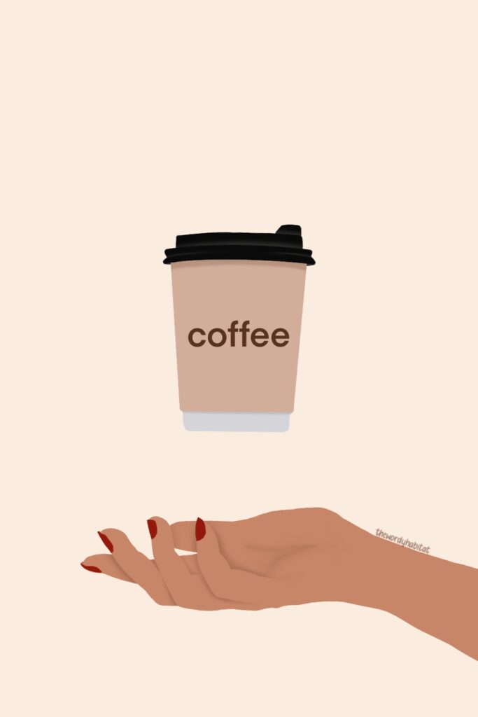 illustration of an outstretched hand with a to-go coffee cup floating above it