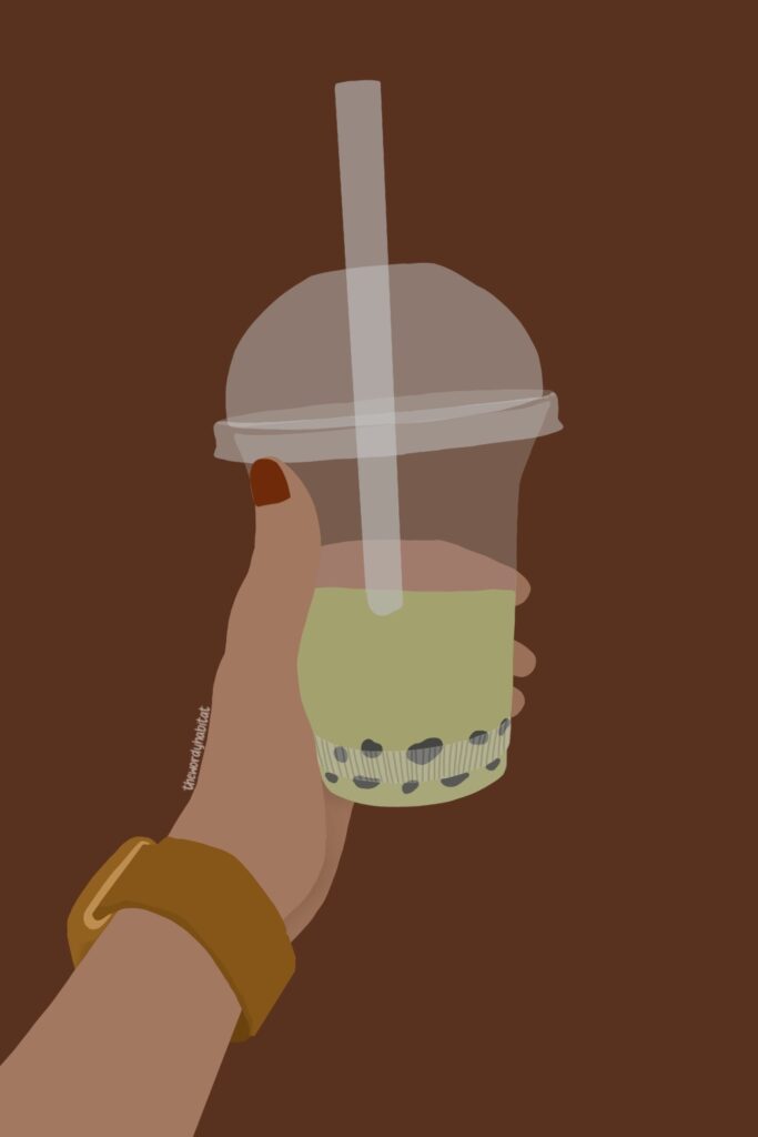 illustration of a person holding up japanese matcha boba tea