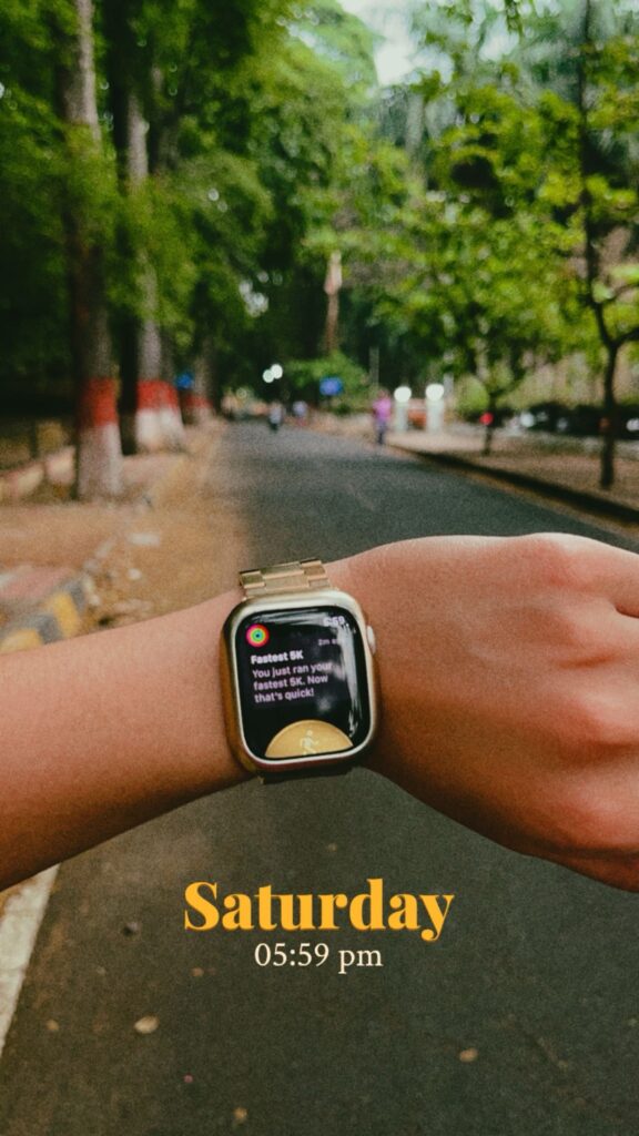 a picture of my apple watch saying that i just ran my fastest 5k. the watch is with my new rose gold metal band.
