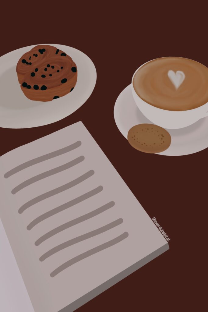 illustration depicting reading at a bakery cafe with an open book, a cup of coffee, and a cinnamon roll