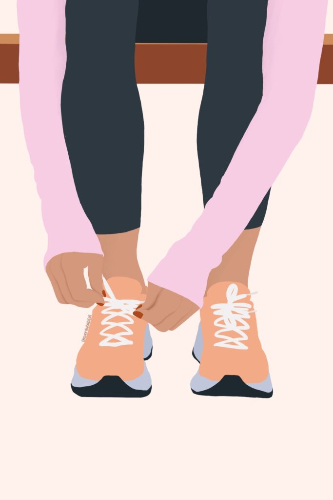 illustration showing a woman sitting on a bench, tying the laces on her running shoe